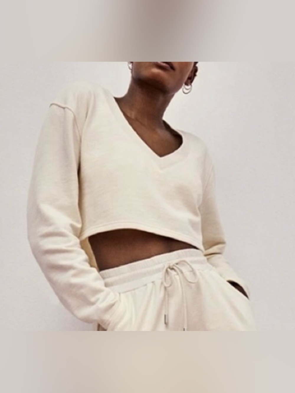For Love & Lemons Cropped V-Neck Sweatshirt in Cream